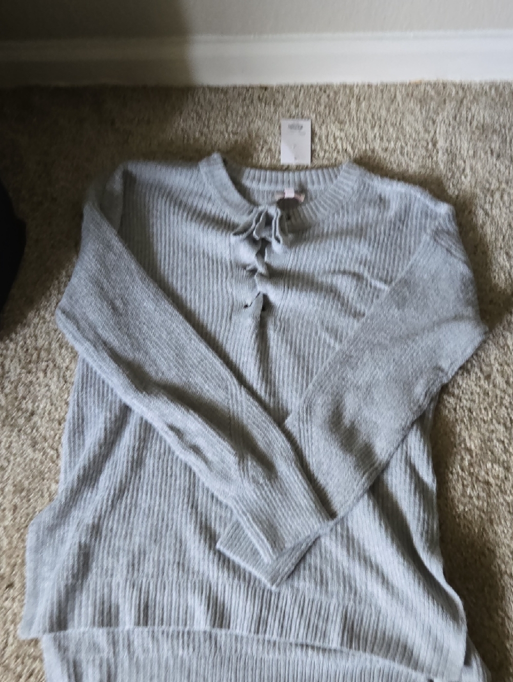 SO Light Gray Ribbed Tie-Neck Sweater